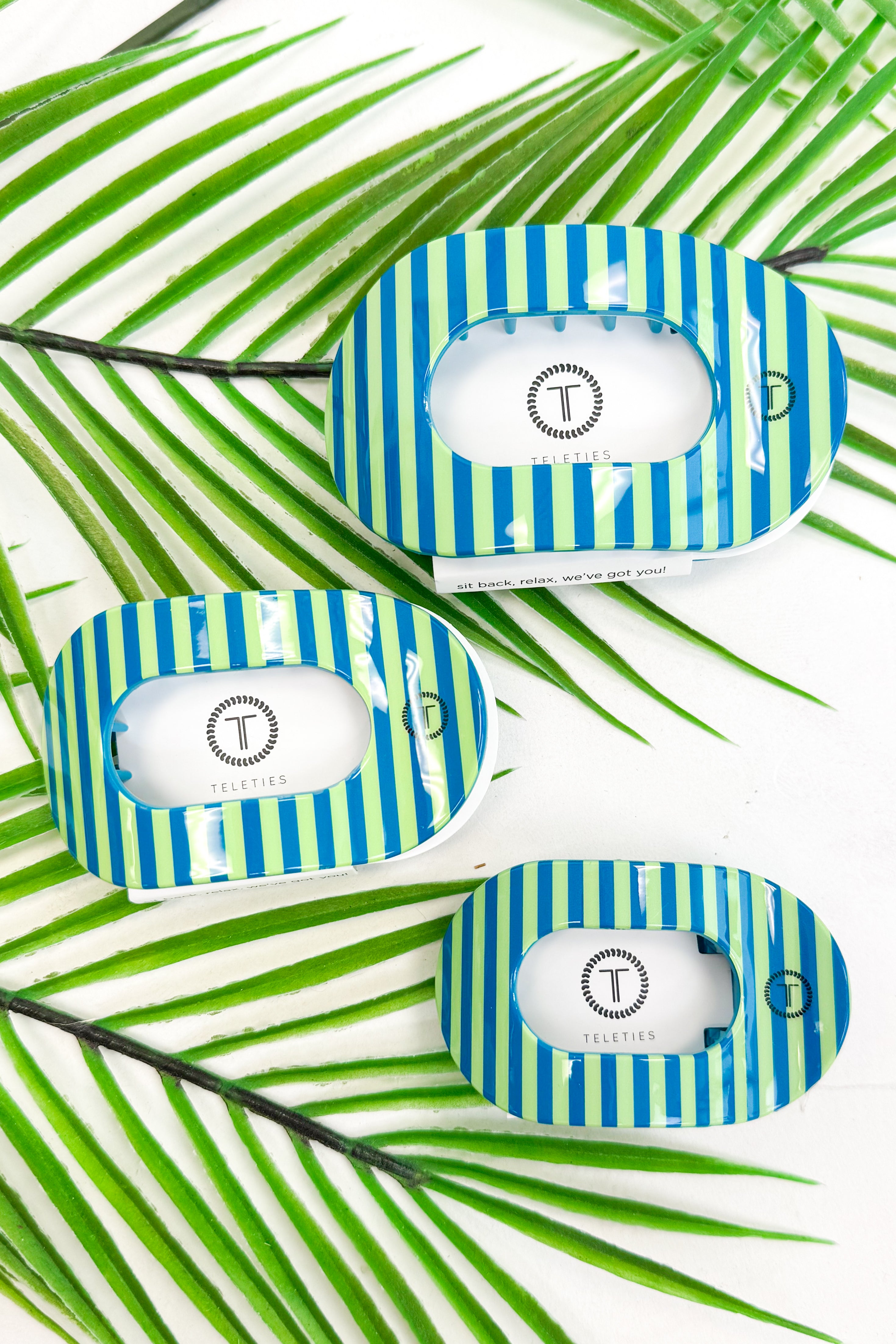 Three green and blue striped round hair clips on a white background with green palm leaves.