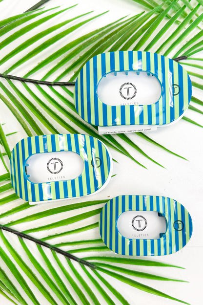 Three green and blue striped round hair clips on a white background with green palm leaves.