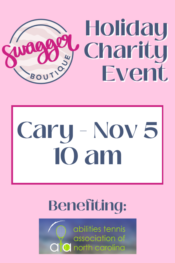 A pink promotional flyer for the Swagger Boutique Holiday Charity Event. The flyer features the &