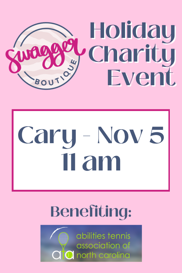 A pink flyer for the Swagger Boutique Holiday Charity Event. The flyer features a white box with the text &