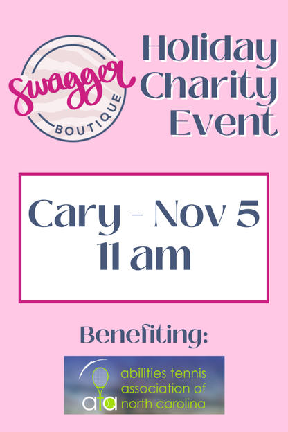 A pink flyer for the Swagger Boutique Holiday Charity Event. The flyer features a white box with the text &