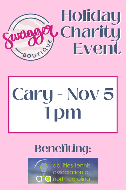 A pink flyer for the Swagger Boutique Holiday Charity Event, featuring text that reads &
