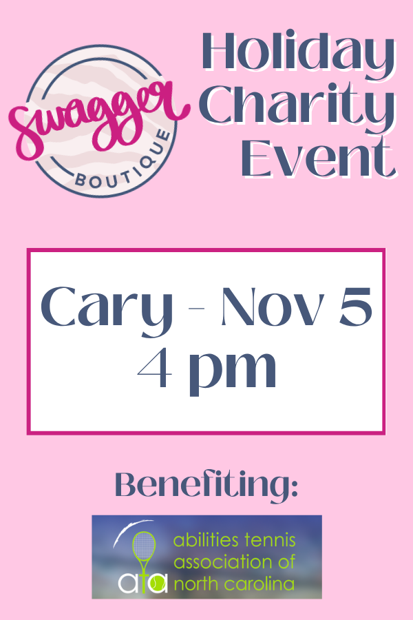 A pink flyer for the Swagger Boutique Holiday Charity Event, featuring text that reads &