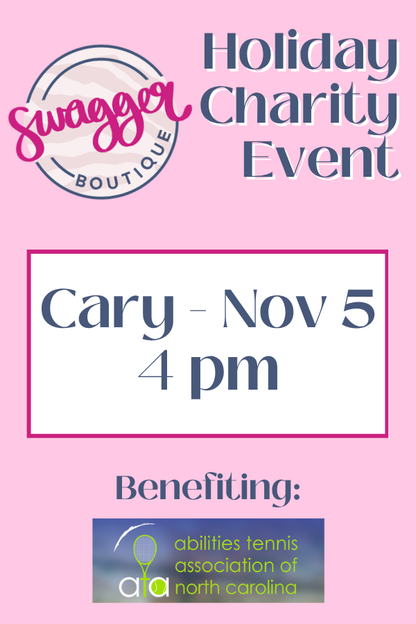 A pink flyer for the Swagger Boutique Holiday Charity Event, featuring text that reads &