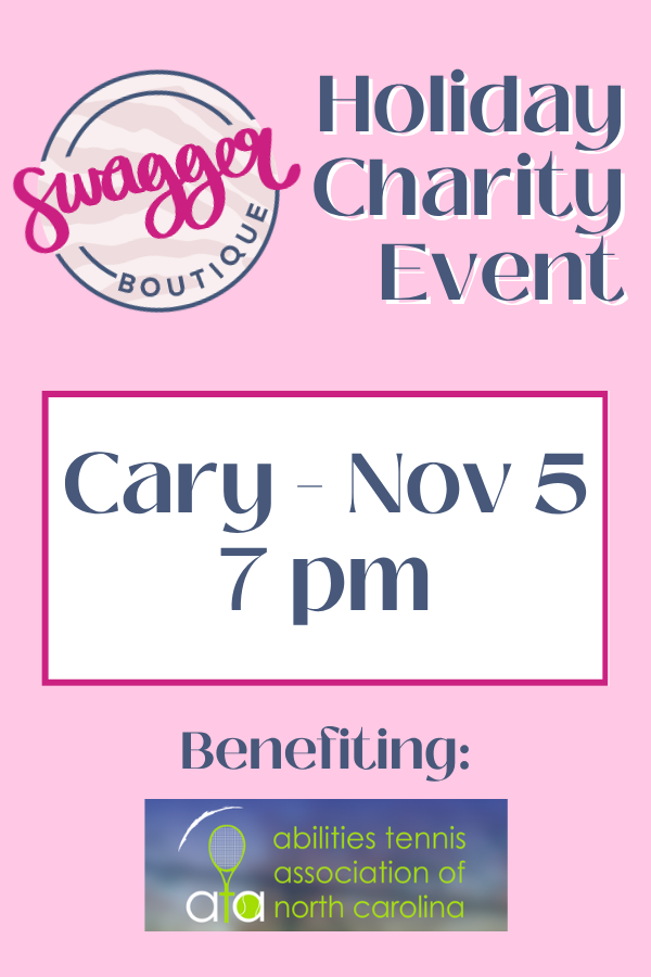 A pink flyer for the Swagger Boutique Holiday Charity Event, detailing the time and location for Cary on November 7th pm, with the DCA logo at the bottom.