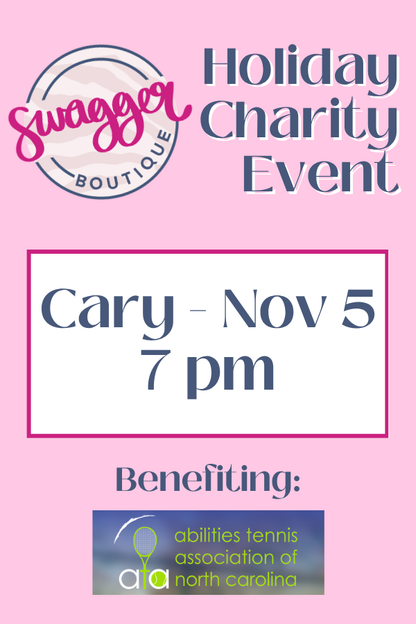 A pink flyer for the Swagger Boutique Holiday Charity Event, detailing the time and location for Cary on November 7th pm, with the DCA logo at the bottom.