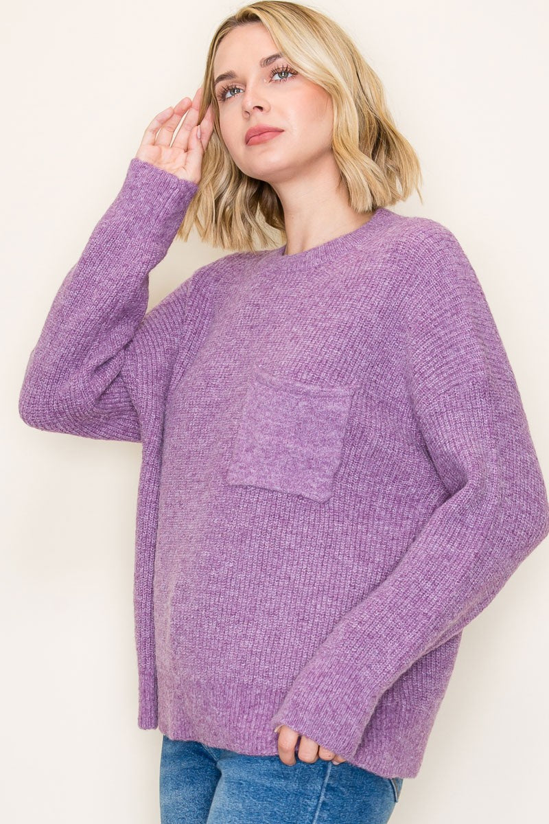 Just Wing It Heathered Purple Knit Sweater With Pocket