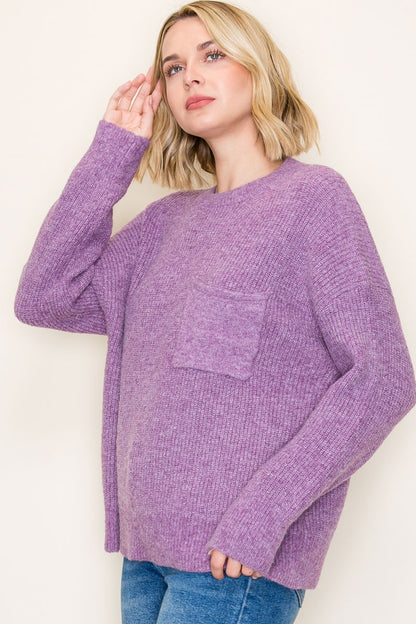 Just Wing It Heathered Purple Knit Sweater With Pocket