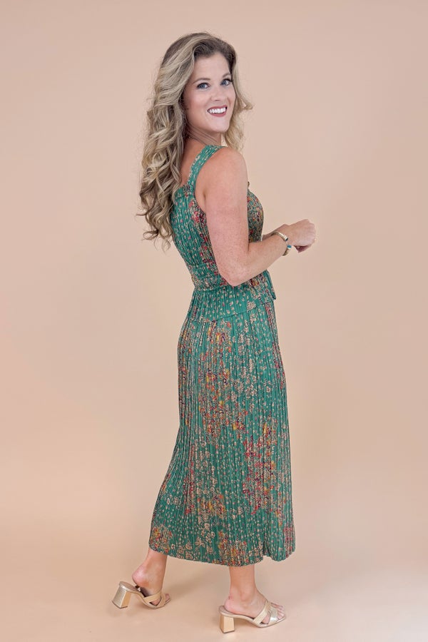 Just The Two of Us Green Floral Pleat Detail Midi Dress by Fate
