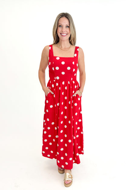 Front view of woman wearing Red &amp; White Polka Dot Midi Dress against white studio background.