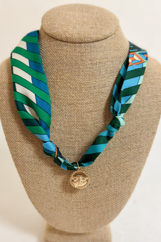 Green &amp; Aqua Scarf Necklace With Gold Bee Charm