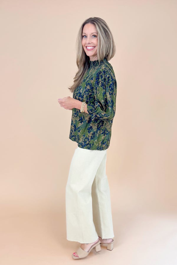 Sweet Escape Olive Smocked Neck Floral Top
