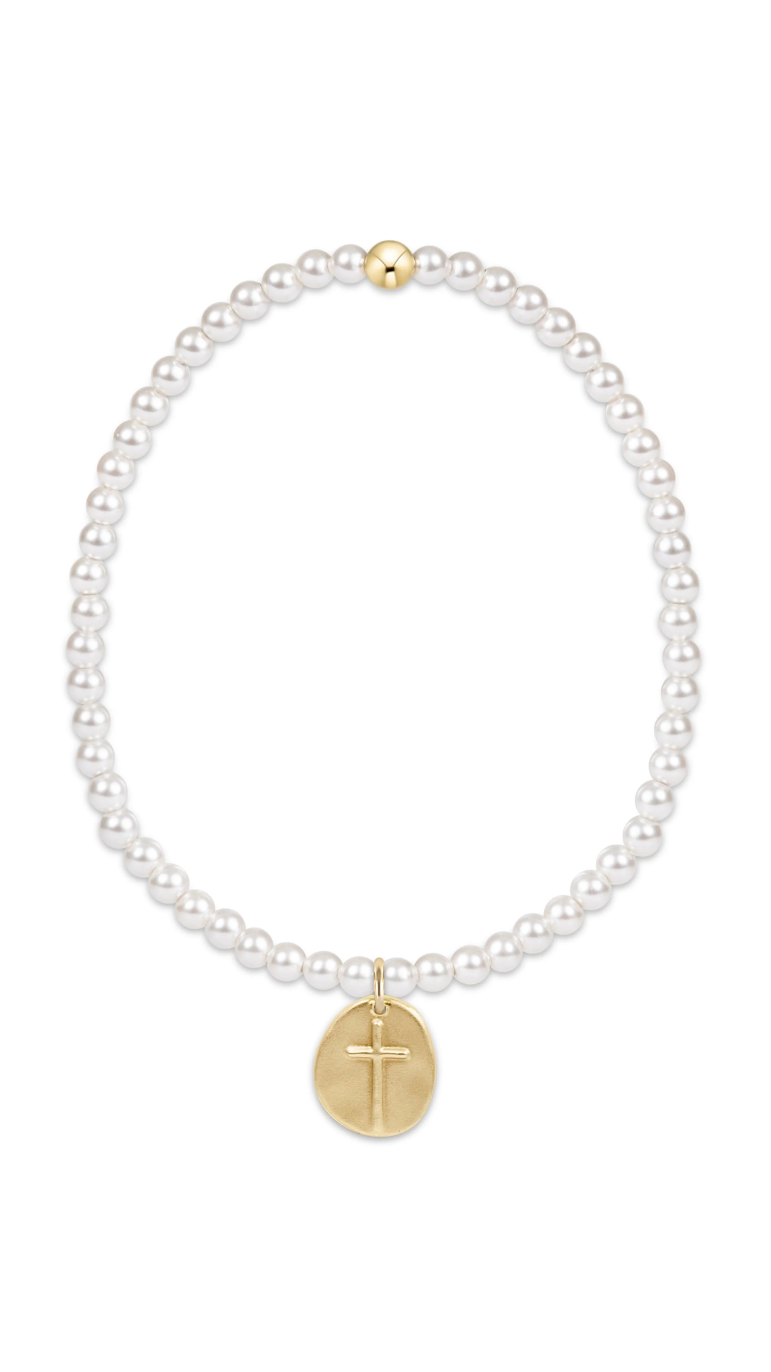 A delicate beaded bracelet featuring pearls and a small gold cross charm shown on a plain white background.