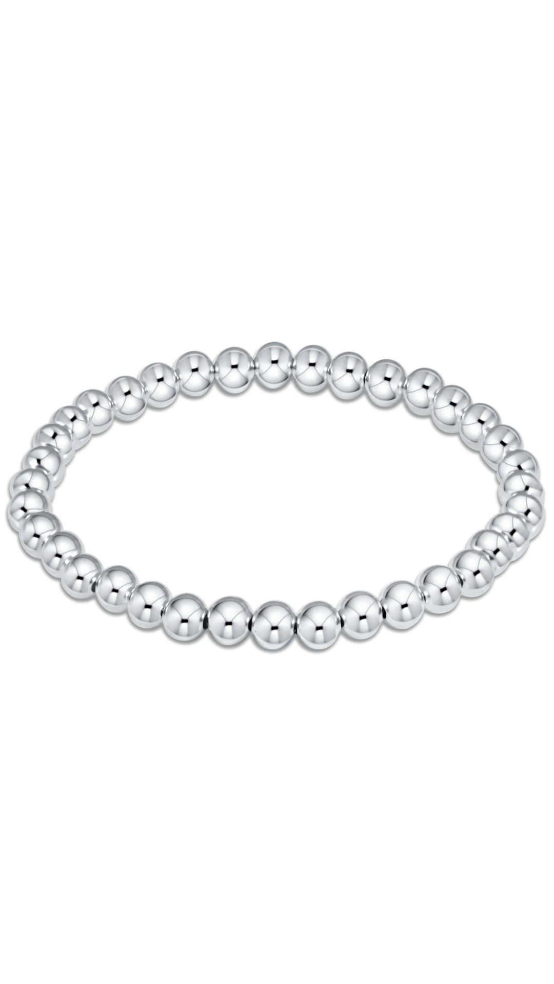 A stretch bracelet made of polished silver-colored metallic beads, arranged in a horizontal oval on a solid white background.