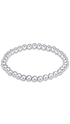 A stretch bracelet made of polished silver-colored metallic beads, arranged in a horizontal oval on a solid white background.