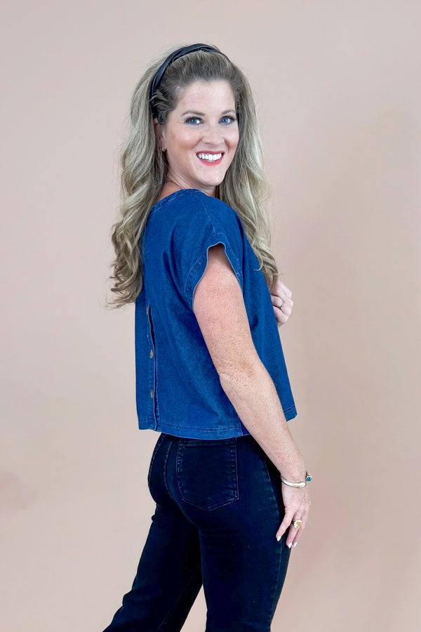 Spill The Beans Denim Button Back Short Sleeve Top by Entro