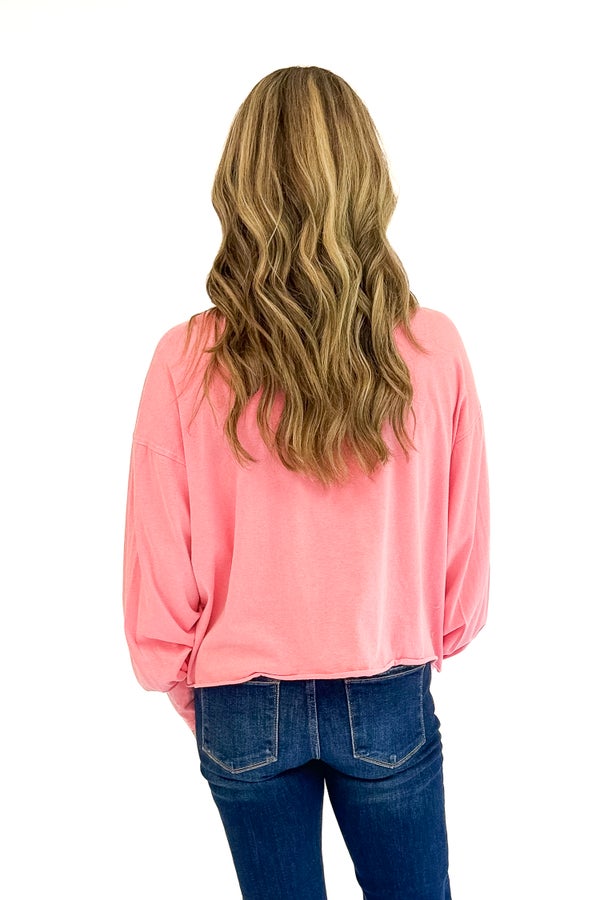 Catch Me If You Can Pink Pleat Sleeve Detail Long Sleeve Tee