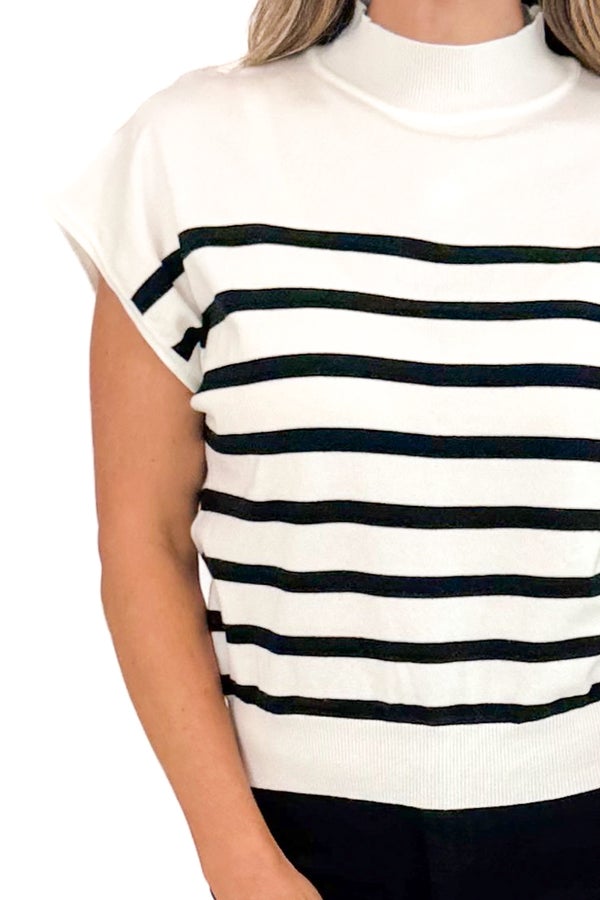 Let It Linger Black &amp; White Striped Mock Neck Short Sleeve Sweater