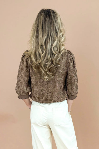 Stolen Weekend Brown Velvet Textured Short Sleeve Top