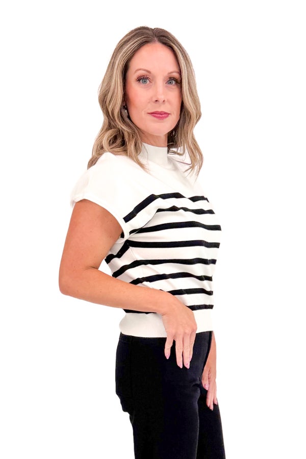 Let It Linger Black &amp; White Striped Mock Neck Short Sleeve Sweater