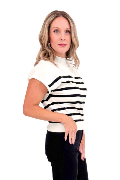 Let It Linger Black &amp; White Striped Mock Neck Short Sleeve Sweater