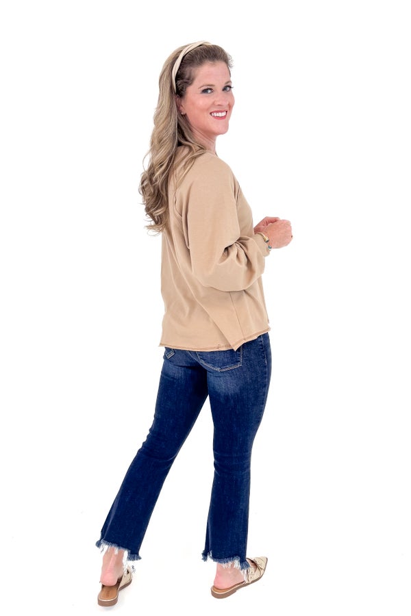 TAUPE V-NECK LONG SLEEVE TOP