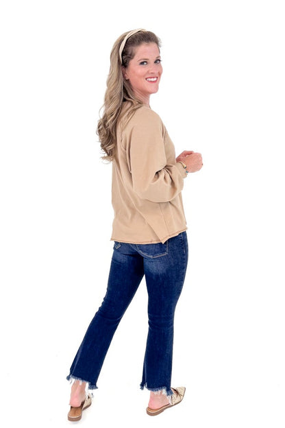 TAUPE V-NECK LONG SLEEVE TOP