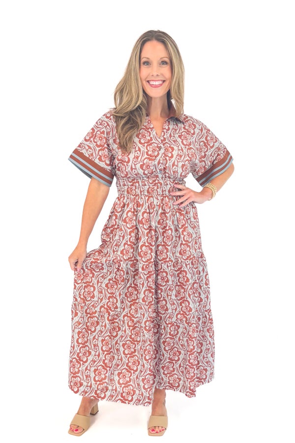 Spice Things Up Brown &amp; Blue Floral Printed Midi Dress by Entro