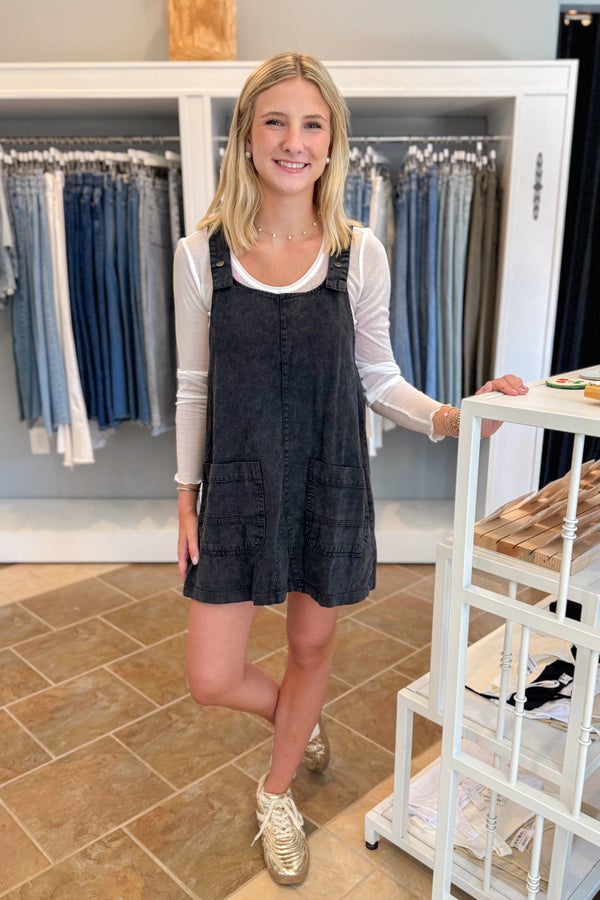 In the Long Run Washed Black Overall Dress