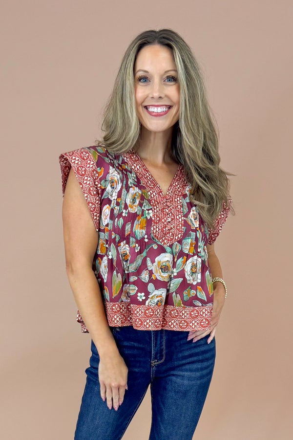 Over The Moon Burgundy Floral With Border Print Top by Entro