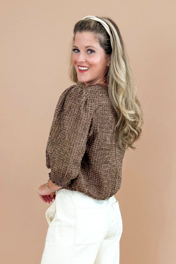 Stolen Weekend Brown Velvet Textured Short Sleeve Top