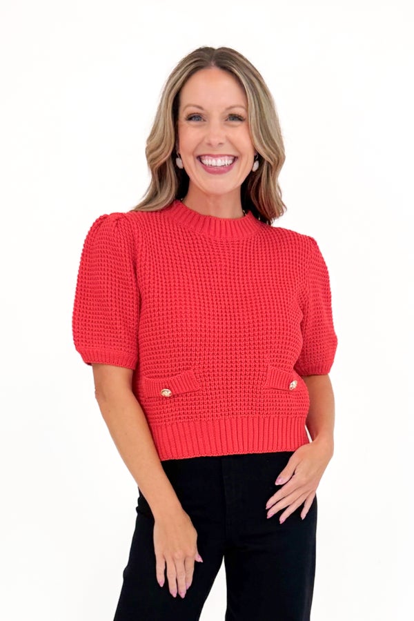 Changing Directions Red Waffle Knit Faux Pocket Short Sleeve Sweater by Entro