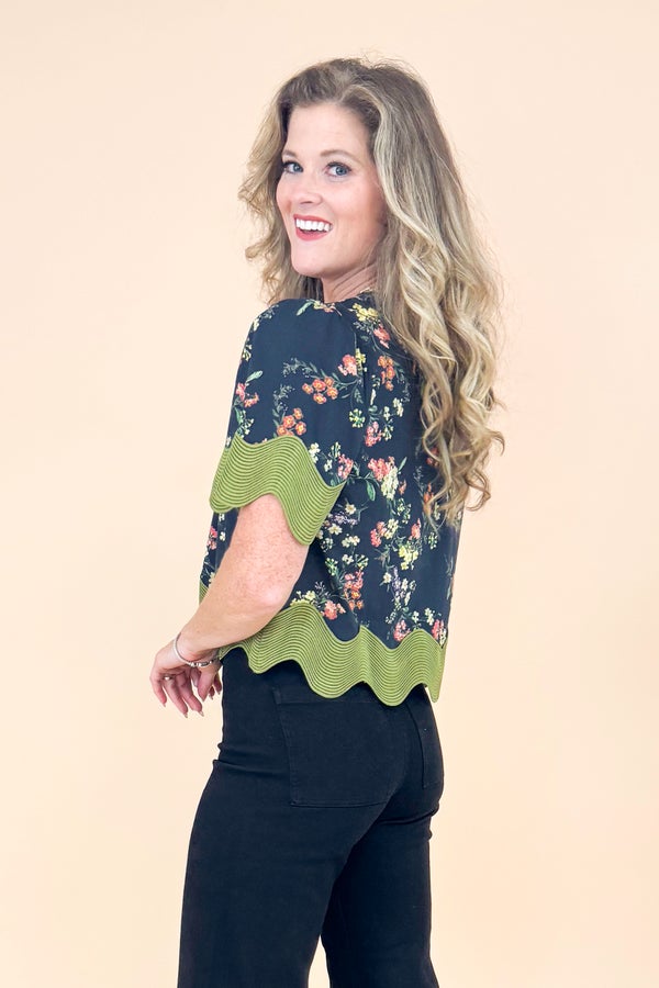 Just Because Black Floral Print With Olive Textured Scallop Lining Top by Entro
