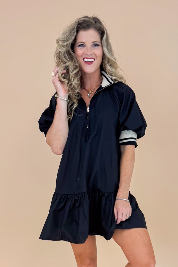 Champagne Campaign Black Puff Sleeve With Beige Lining Dress by Entro