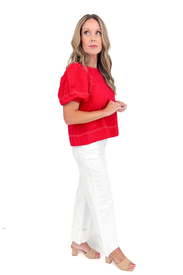 Friday Night Lights Red Stitch Detail Puff Sleeve Top by Entro