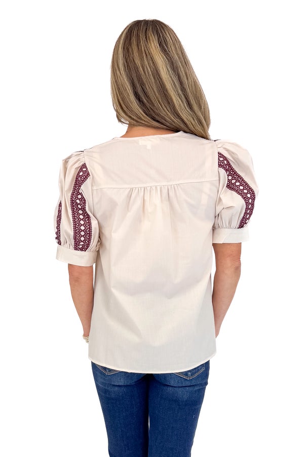 Rise &amp; Shine Ecru With Plum Embroidery Puff Sleeve Top by Entro