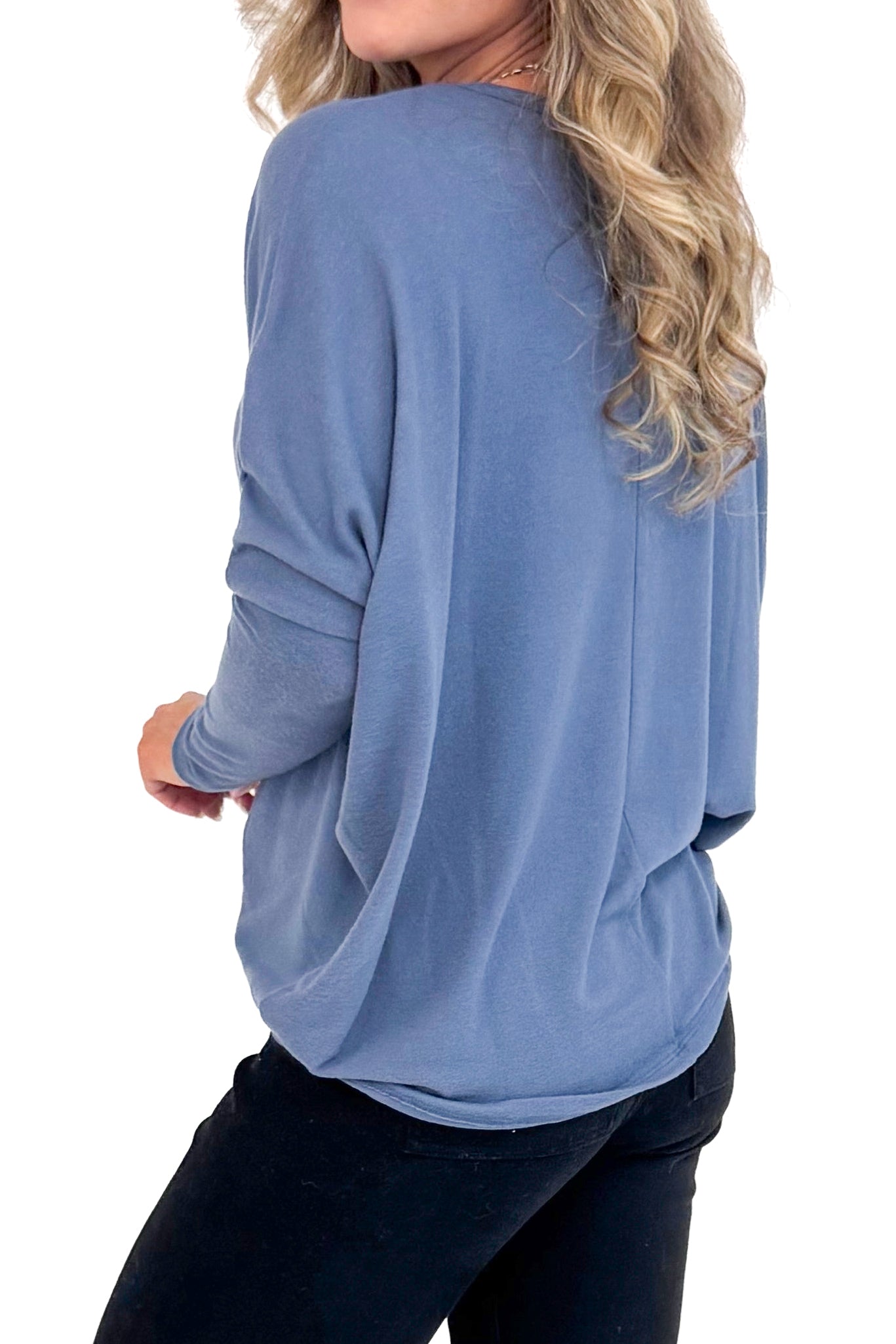 Shades Of Change dusty blue dolman sleeve top - detail side view on model