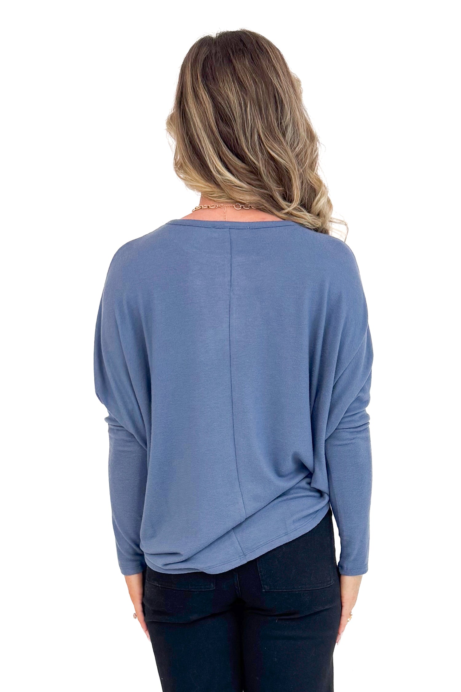 Shades Of Change dusty blue dolman sleeve top - back view on model
