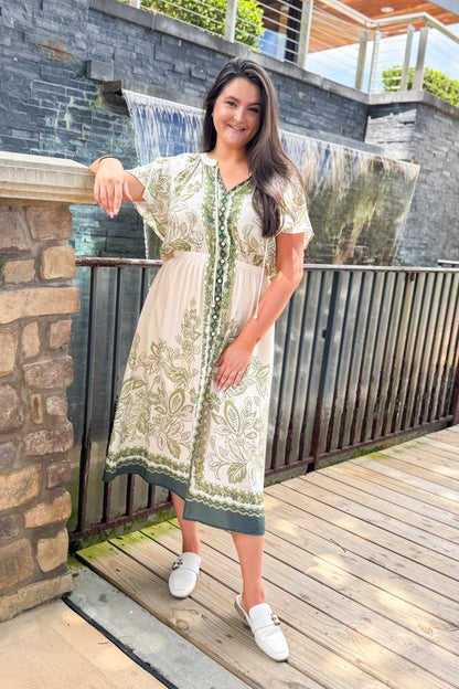 Café In Paris Cream &amp; Olive Printed Button Up Dress by Skies Are Blue