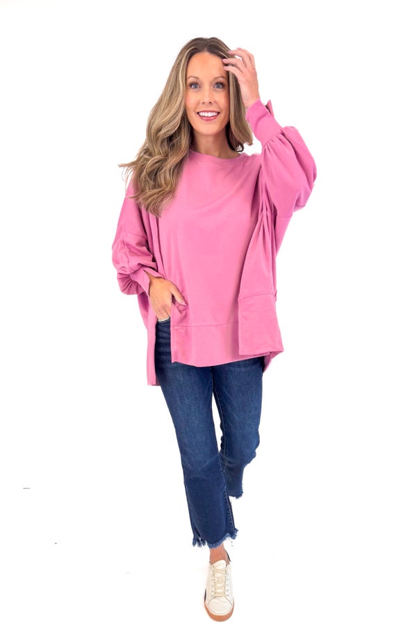 Falling For You Pink Puff Sleeve Seam Detail Sweatshirt