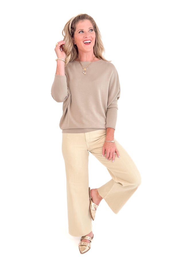Rome By Foot Taupe Boatneck Dolman Sleeve Top