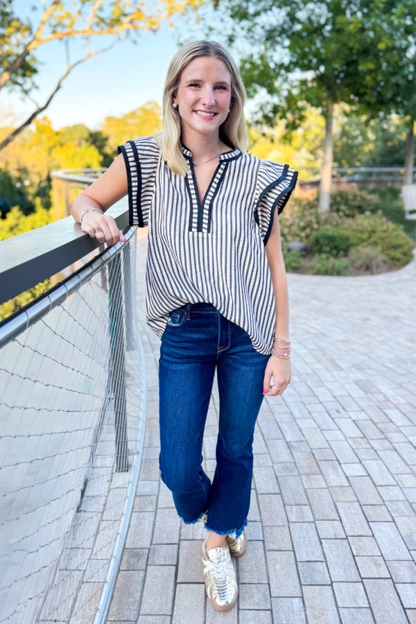 Rise &amp; Shine Black Striped Flutter Sleeve Top by Entro