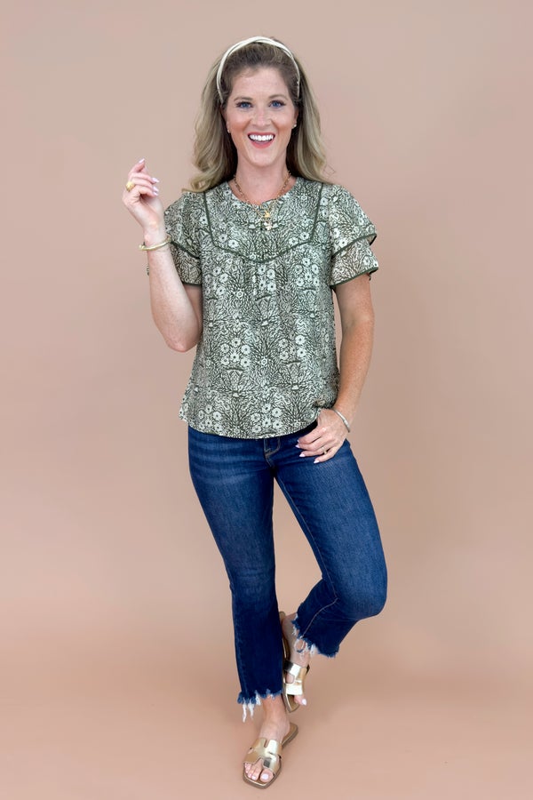 Coastal Stroll Olive &amp; Cream Printed Ruffle Sleeve Top by Skies Are Blue