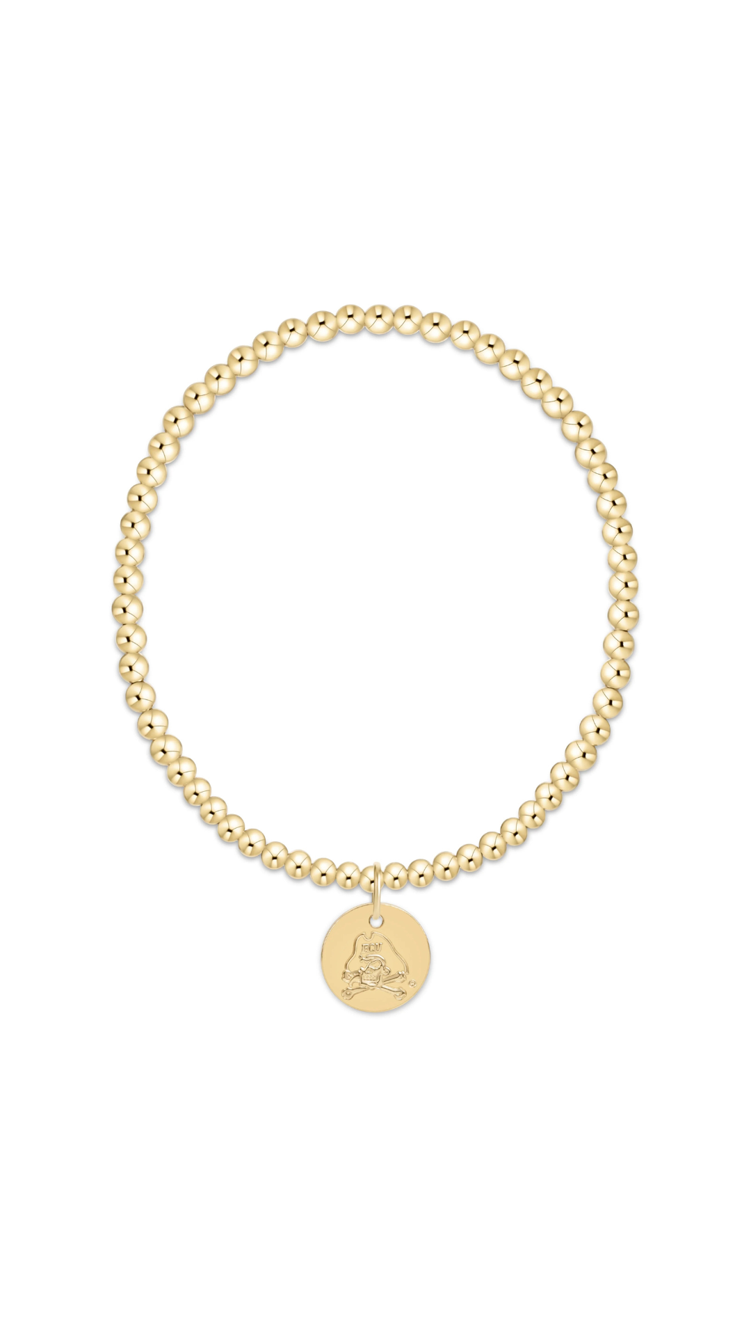 A gold beaded bracelet with a small round pendant featuring an ECU mascot, displayed on a clean white background.