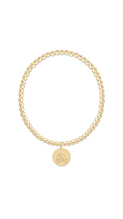 A gold beaded bracelet with a small round pendant featuring an ECU mascot, displayed on a clean white background.