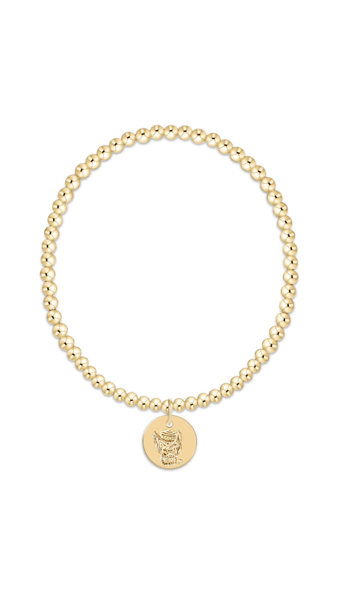 A gold beaded stretch bracelet with a circular medallion charm featuring an nc state mascot, displayed on a clean white background.