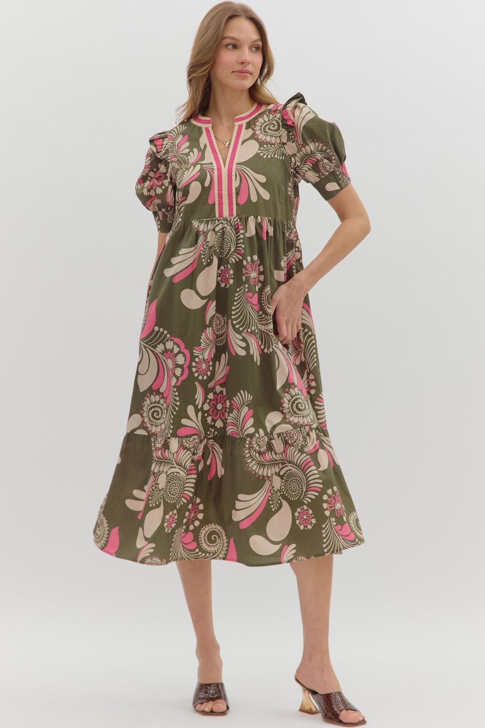 Sweet Thing Olive &amp; Pink Printed Midi Dress by Entro