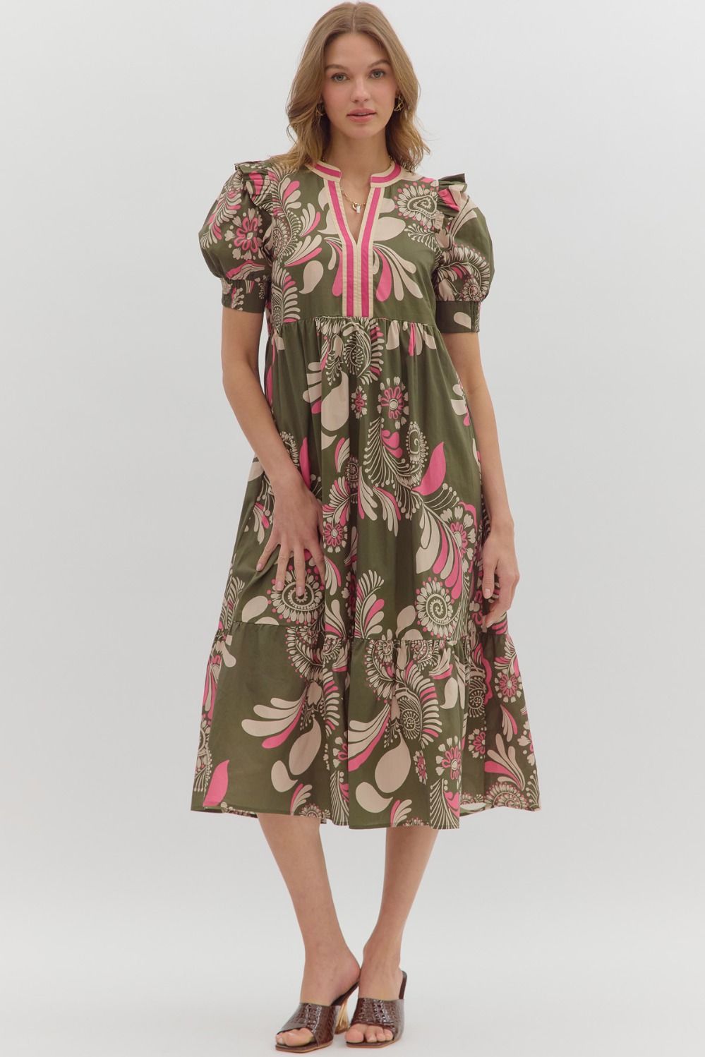 Sweet Thing Olive &amp; Pink Printed Midi Dress by Entro