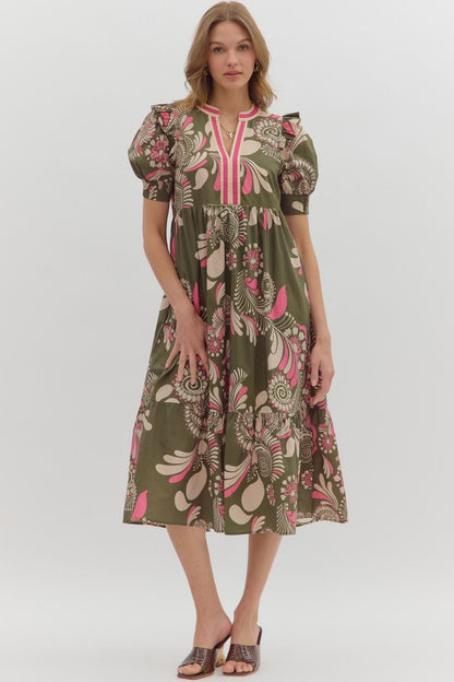 Sweet Thing Olive &amp; Pink Printed Midi Dress by Entro