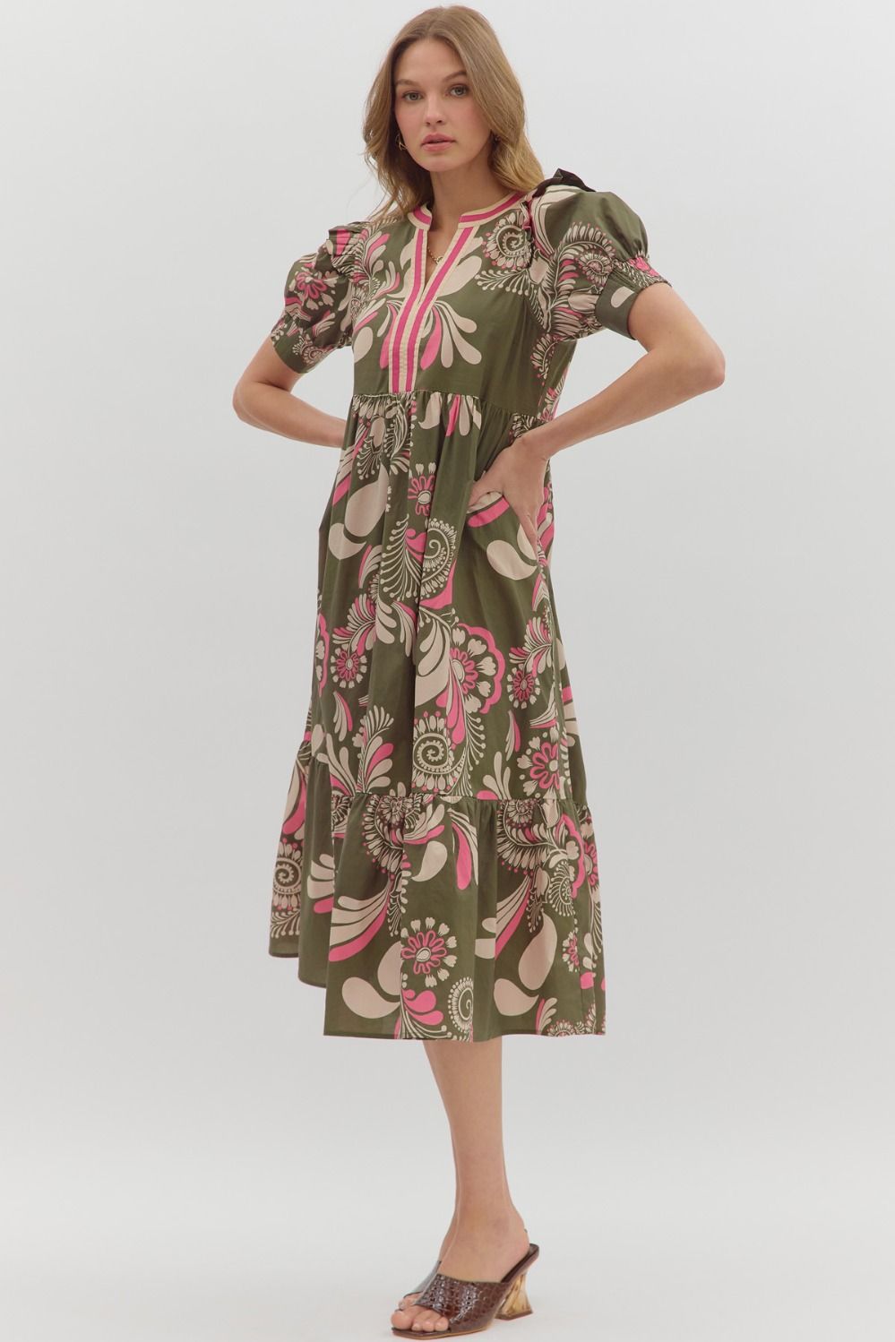 Sweet Thing Olive &amp; Pink Printed Midi Dress by Entro